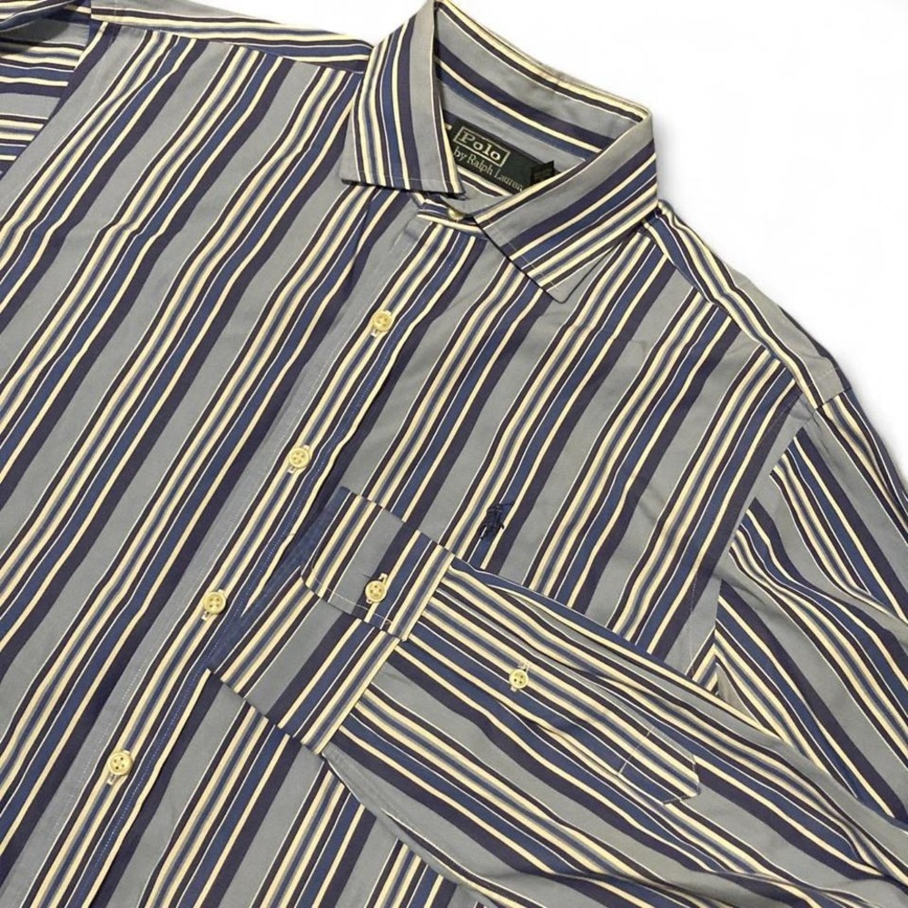 Polo Ralph Lauren blue‎ vertical stripe button up shirt vtg cotton preppy L/24.5
